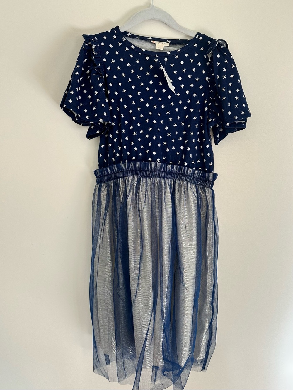 NWT J.Crew Crewcuts Sleeve Navy Silver Star Tulle Skirt Mixy Dress 8